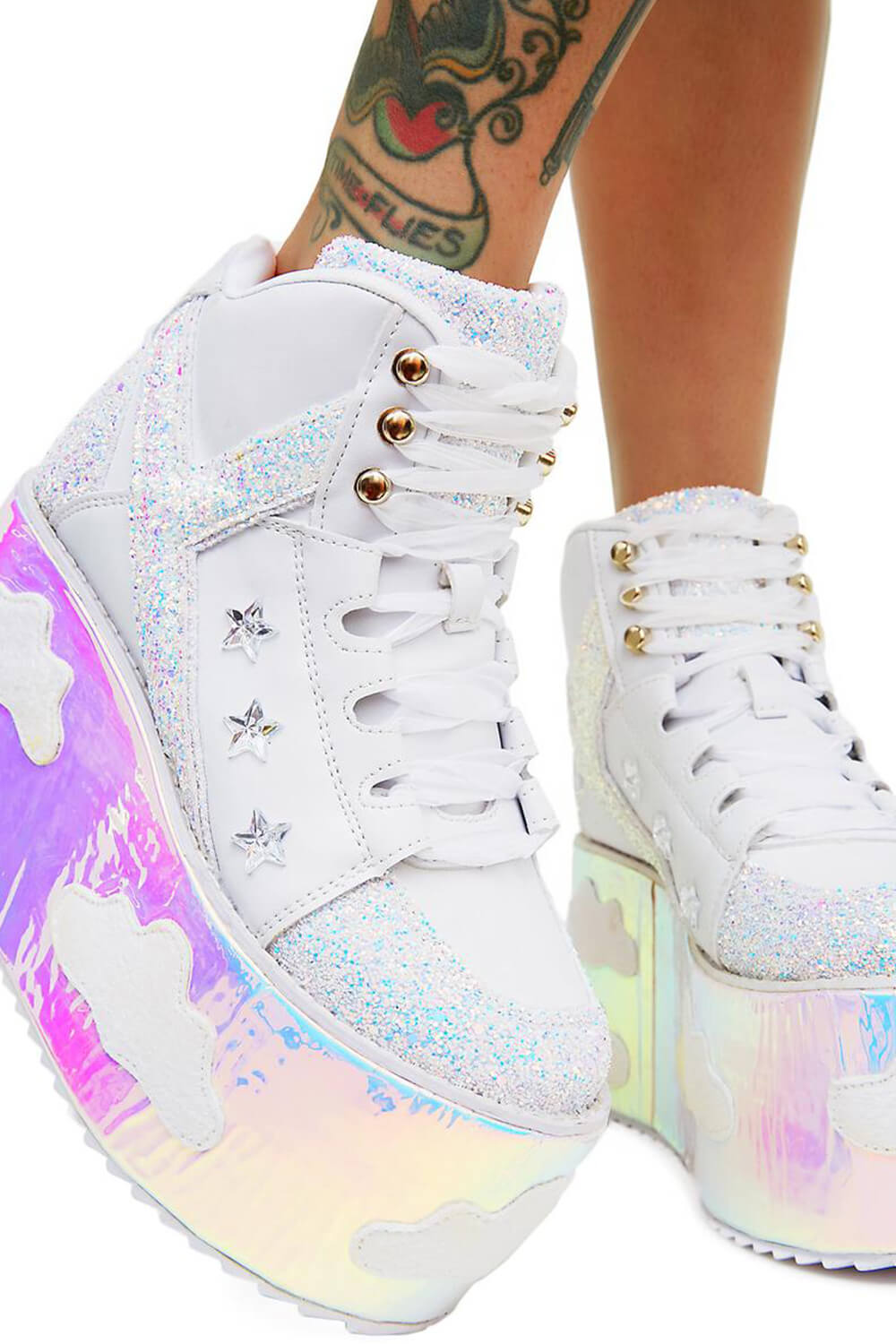 Sky Glitter Platform Lace Up Boots With Cloud Patches Detailing - White