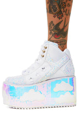 Sky Glitter Platform Lace Up Boots With Cloud Patches Detailing - White