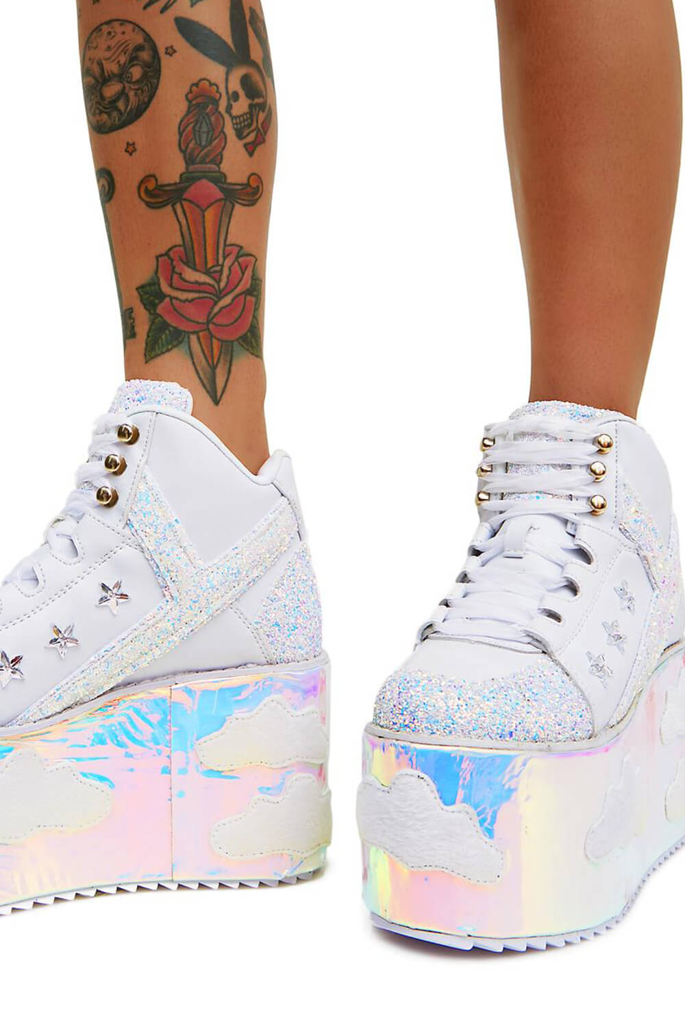 Sky Glitter Platform Lace Up Boots With Cloud Patches Detailing - White