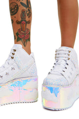 Sky Glitter Platform Lace Up Boots With Cloud Patches Detailing - White