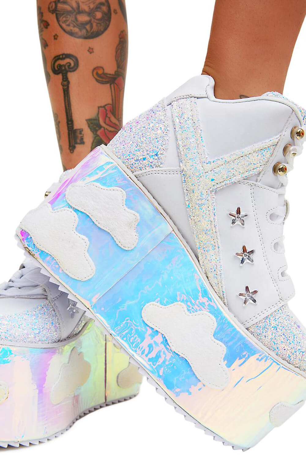 Sky Glitter Platform Lace Up Boots With Cloud Patches Detailing - White