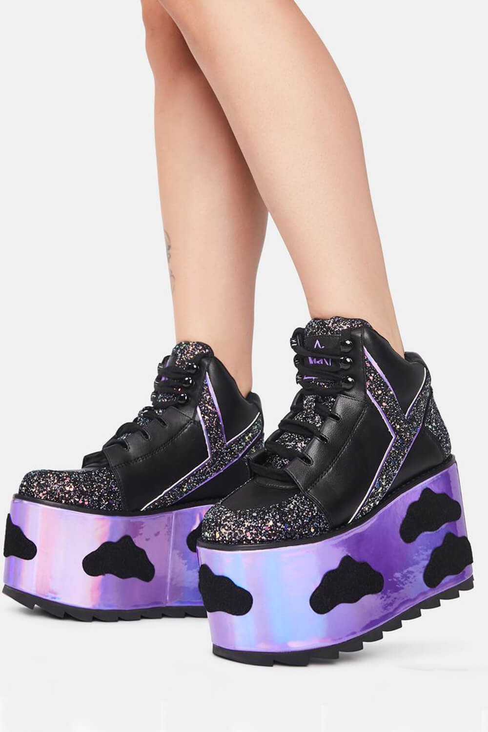 Sky Riser Boot Sky Glitter Platform Lace Up Boots With Cloud Patches Detailing - Blac ...