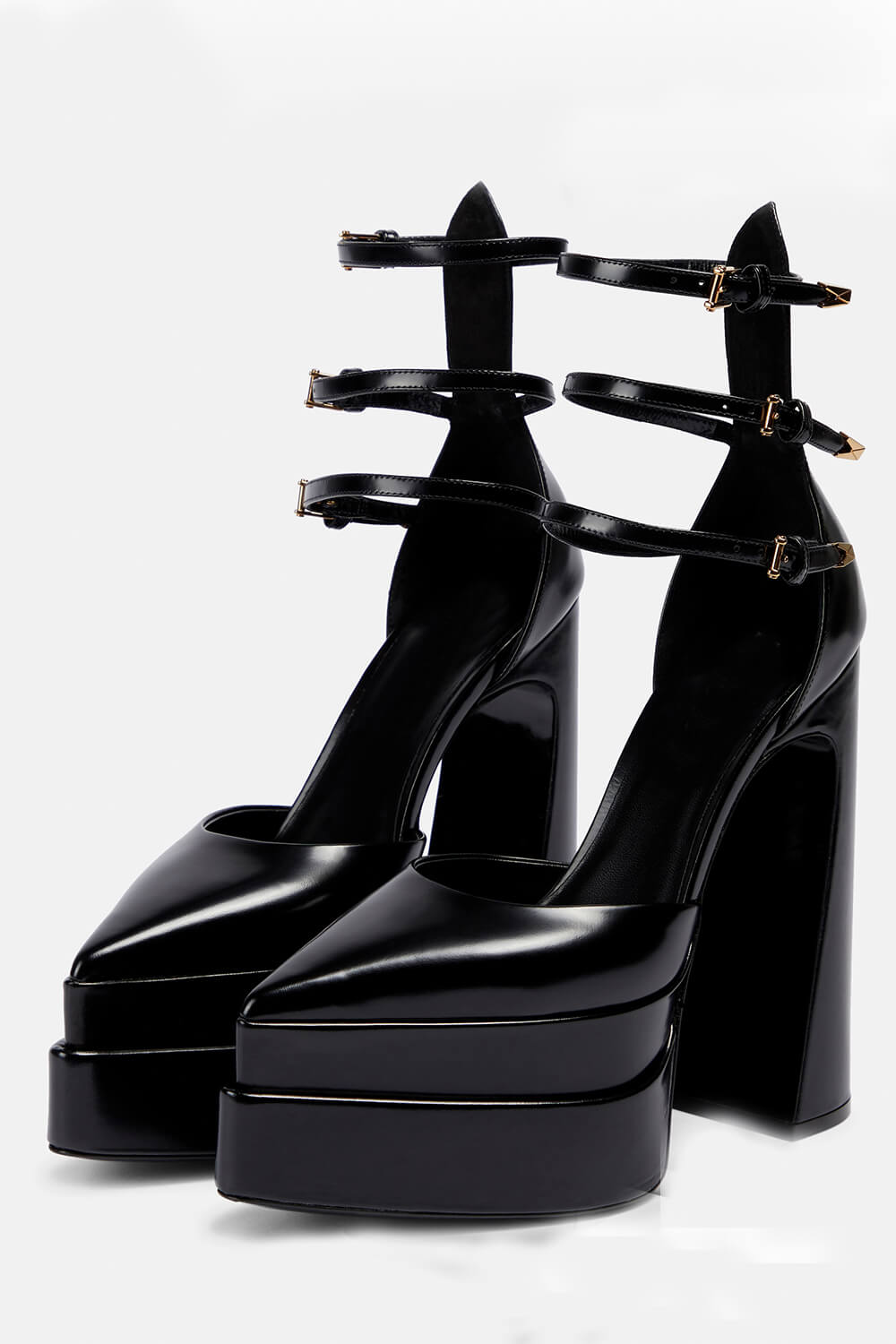 Black Faux Leather Double Platform Pointy Pumps With Triple Ankle Straps Detailing