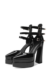 Black Faux Leather Double Platform Pointy Pumps With Triple Ankle Straps Detailing