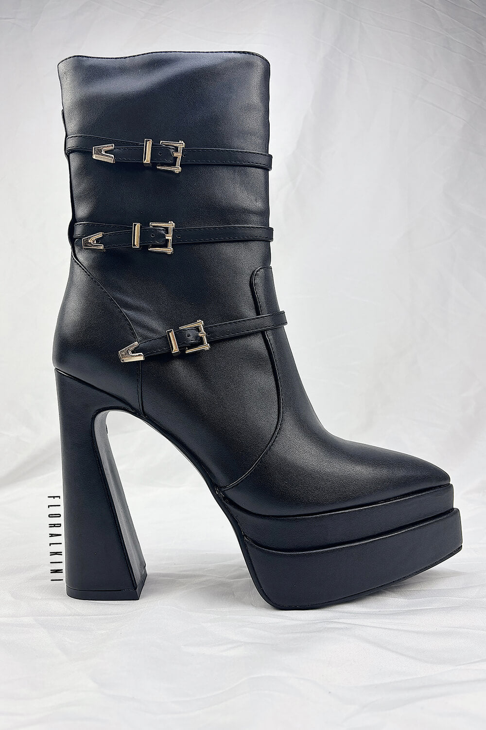 Black Faux Leather Double Platform Flared Block Pointy Ankle Boots With Triple Buckle Straps Detailing