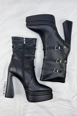 Black Faux Leather Double Platform Flared Block Pointy Ankle Boots With Triple Buckle Straps Detailing