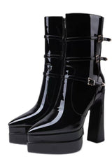 Black Patent Double Platform Pointy Ankle Boots With Triple Ankle Straps Detailing