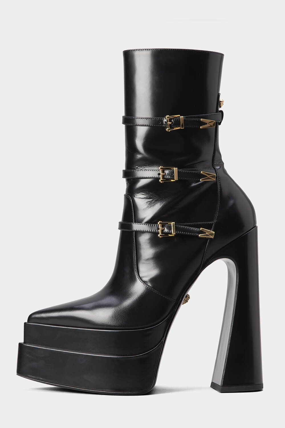 Black Patent Double Platform Pointy Ankle Boots With Triple Ankle Straps Detailing