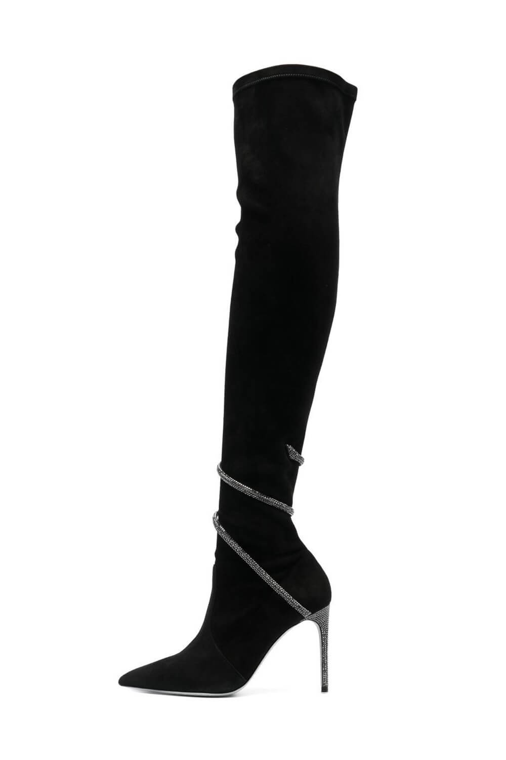 Black Suede Diamante Wrap Pointed Toe Thigh High Stiletto Boots