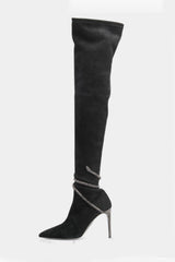 Black Suede Diamante Wrap Pointed Toe Thigh High Stiletto Boots