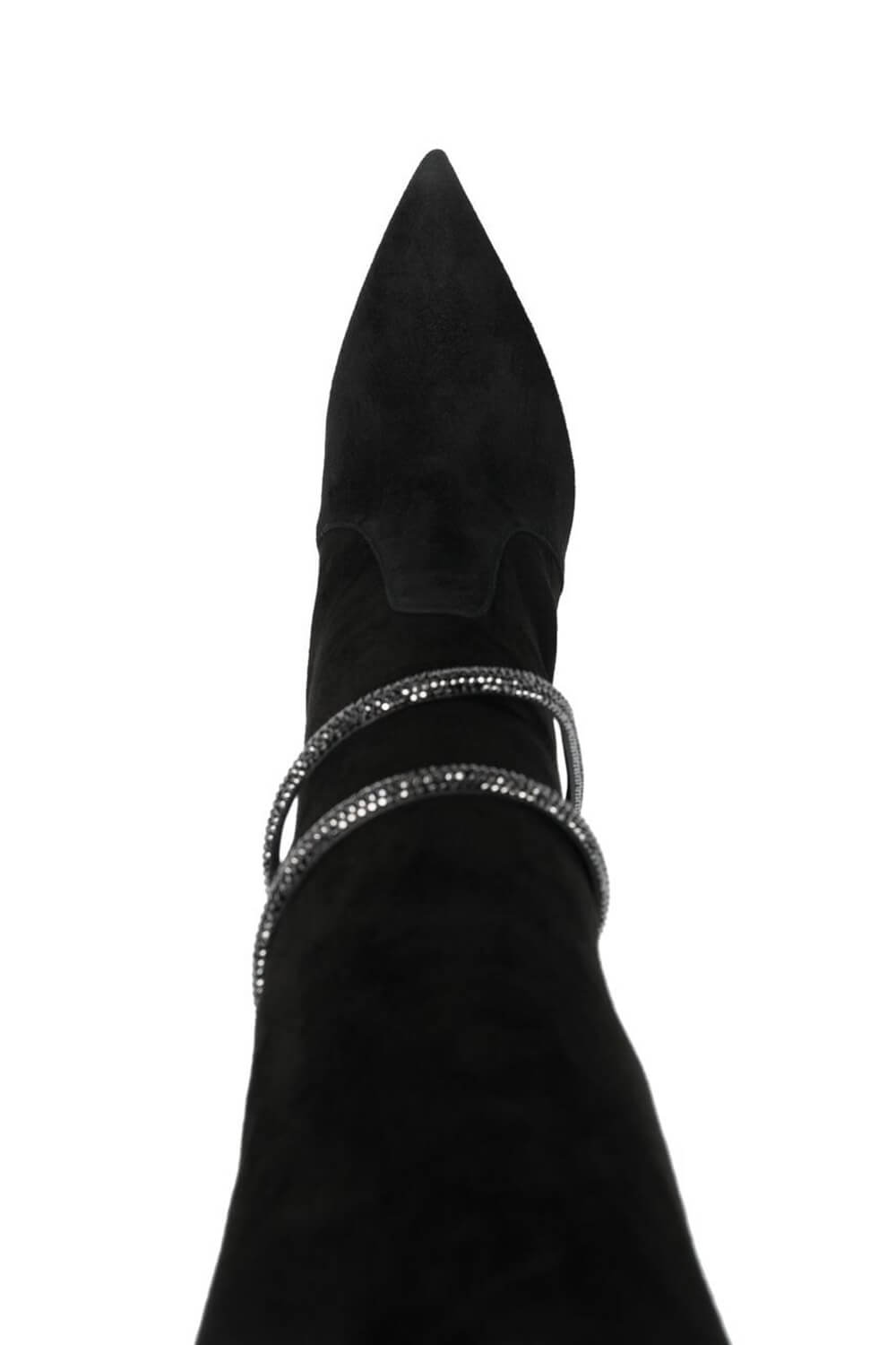 Black Suede Diamante Wrap Pointed Toe Thigh High Stiletto Boots