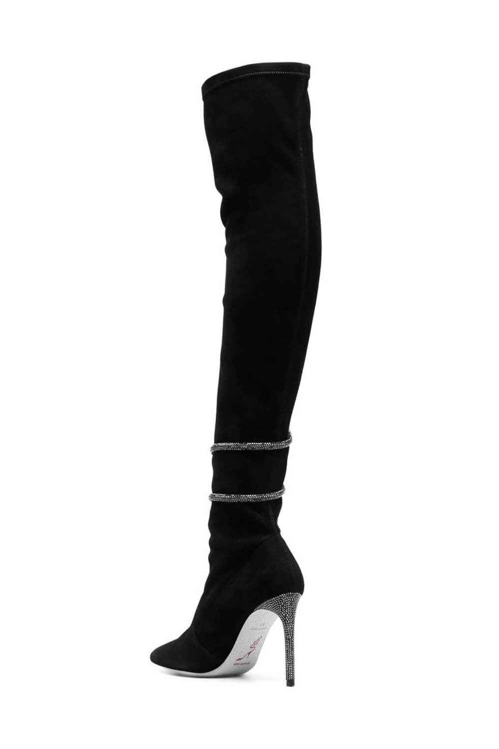 Black Suede Diamante Wrap Pointed Toe Thigh High Stiletto Boots