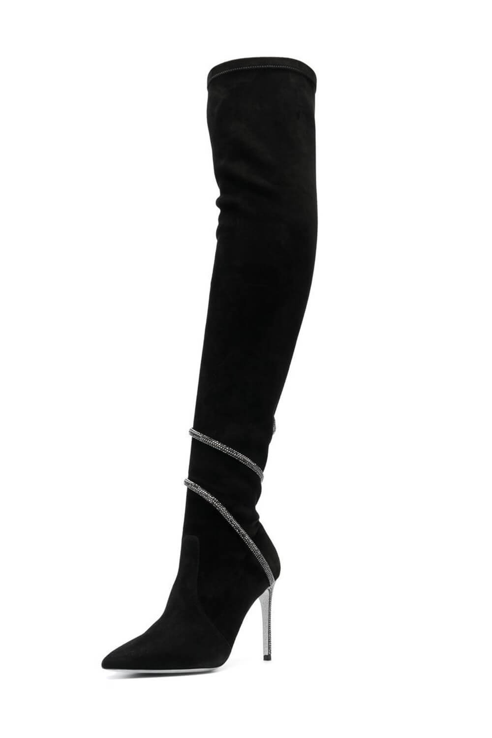 Black Suede Diamante Wrap Pointed Toe Thigh High Stiletto Boots