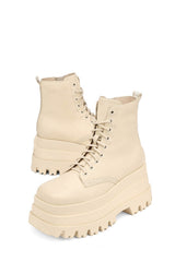 Faux Leather Lace-Up Stacked-Sole Square Toe Boots - Beige