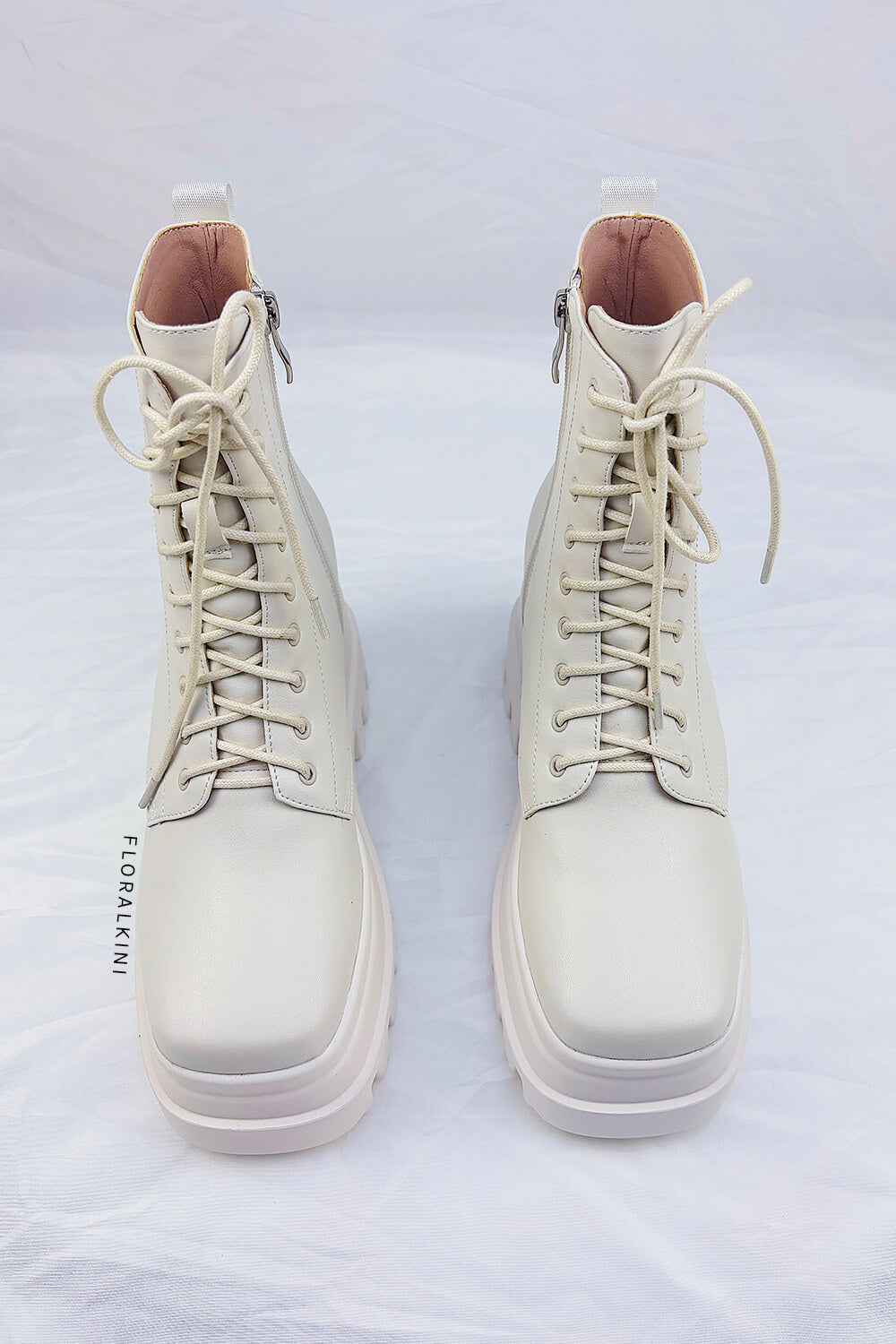 Faux Leather Lace-Up Stacked-Sole Square Toe Boots - Beige