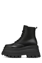 Faux Leather Lace-Up Stacked-Sole Square Toe Boots - Black