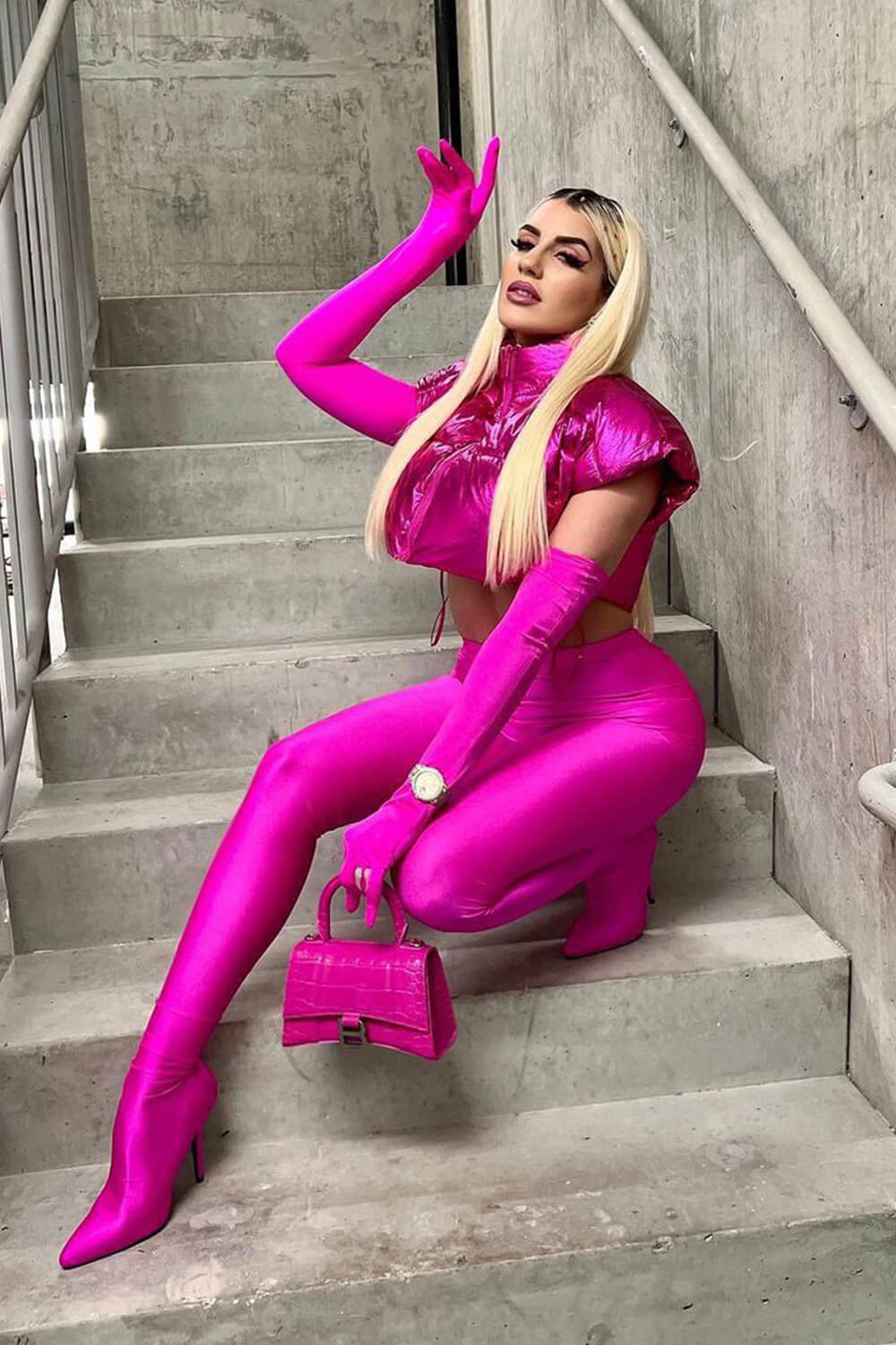 Faux Leather High-Waisted Pointed Toe Stiletto Heel Long Pant Boot - Hot Pink