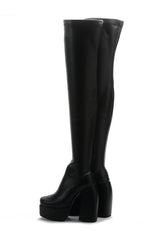 Faux Leather Square Toe Platform Block Heel Thigh High Boots - Black
