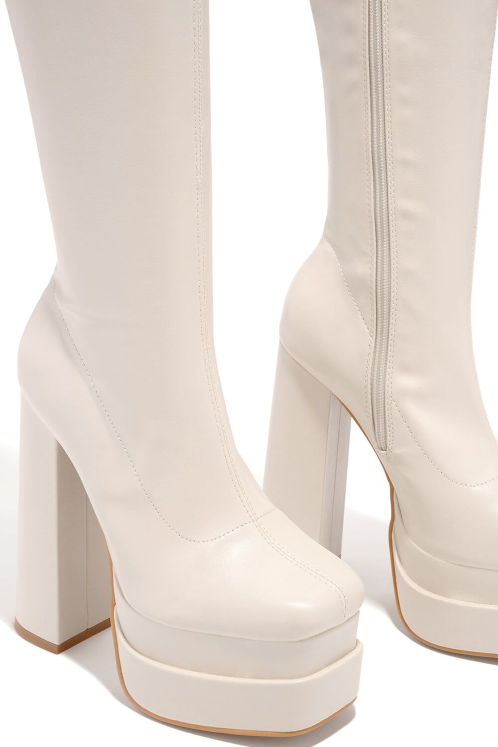 Faux Leather Double Platform Square Toe Chunky Block Heel Knee High Boot - White