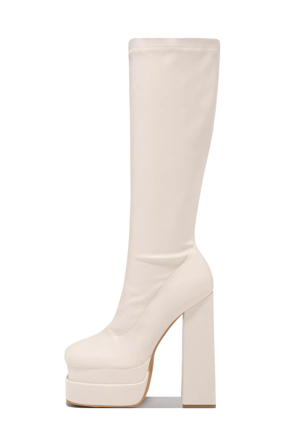 Faux Leather Double Platform Square Toe Chunky Block Heel Knee High Boot - White