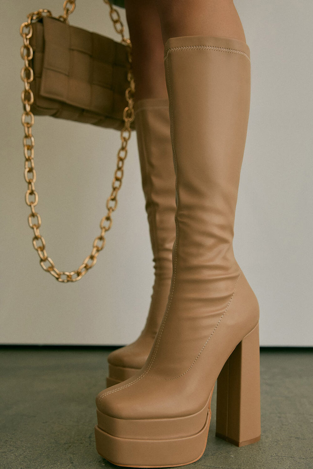 Faux Leather Double Platform Square Toe Chunky Block Heel Knee High Boot - Nude