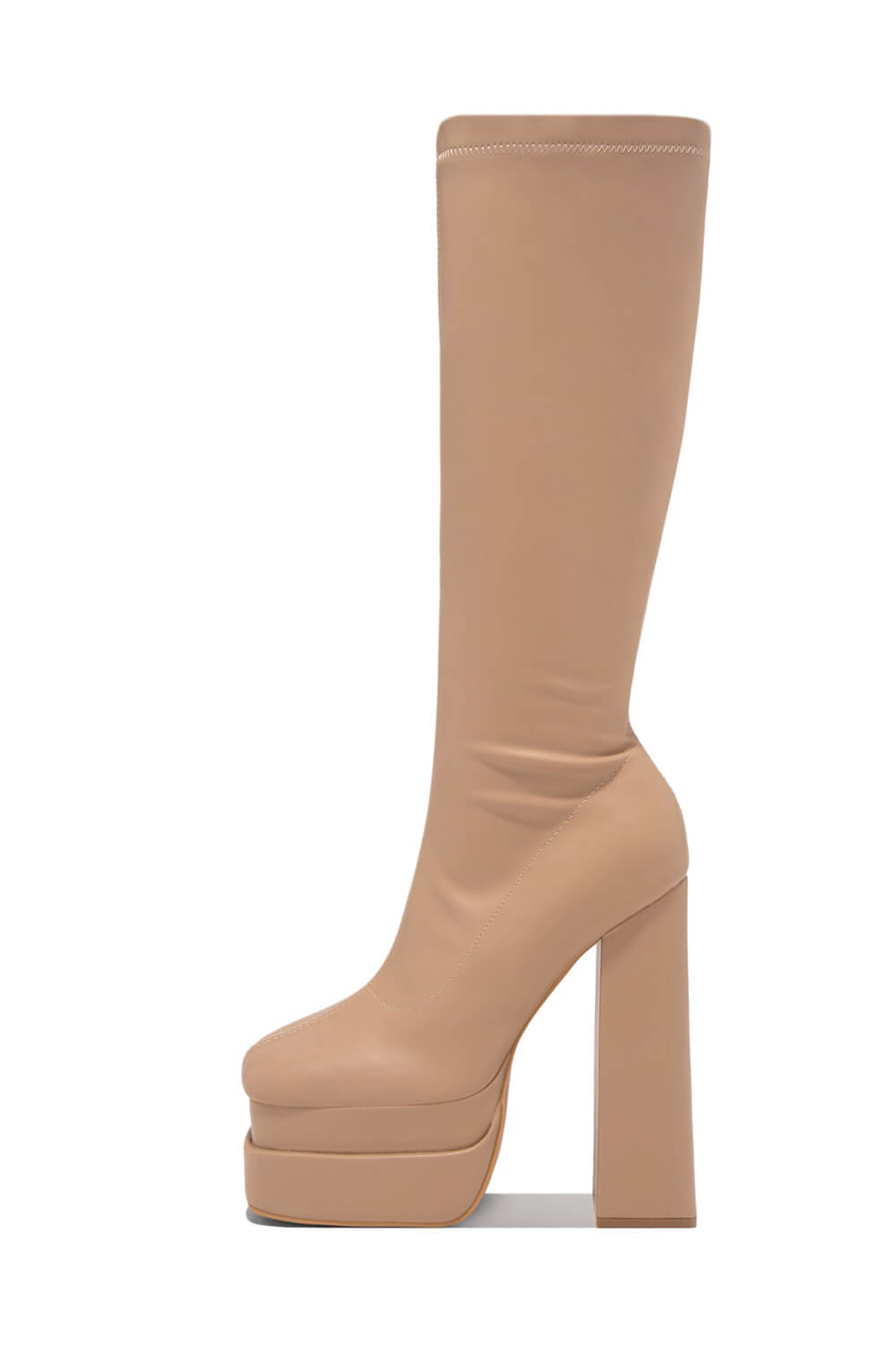 Faux Leather Double Platform Square Toe Chunky Block Heel Knee High Boot - Nude