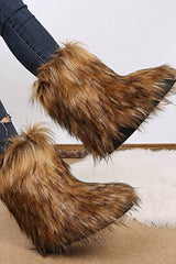 Black Furry Faux Fur Mid Calf Bootie - Brown