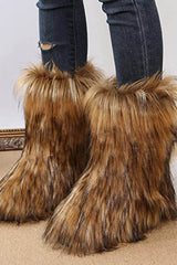 Black Furry Faux Fur Mid Calf Bootie - Brown