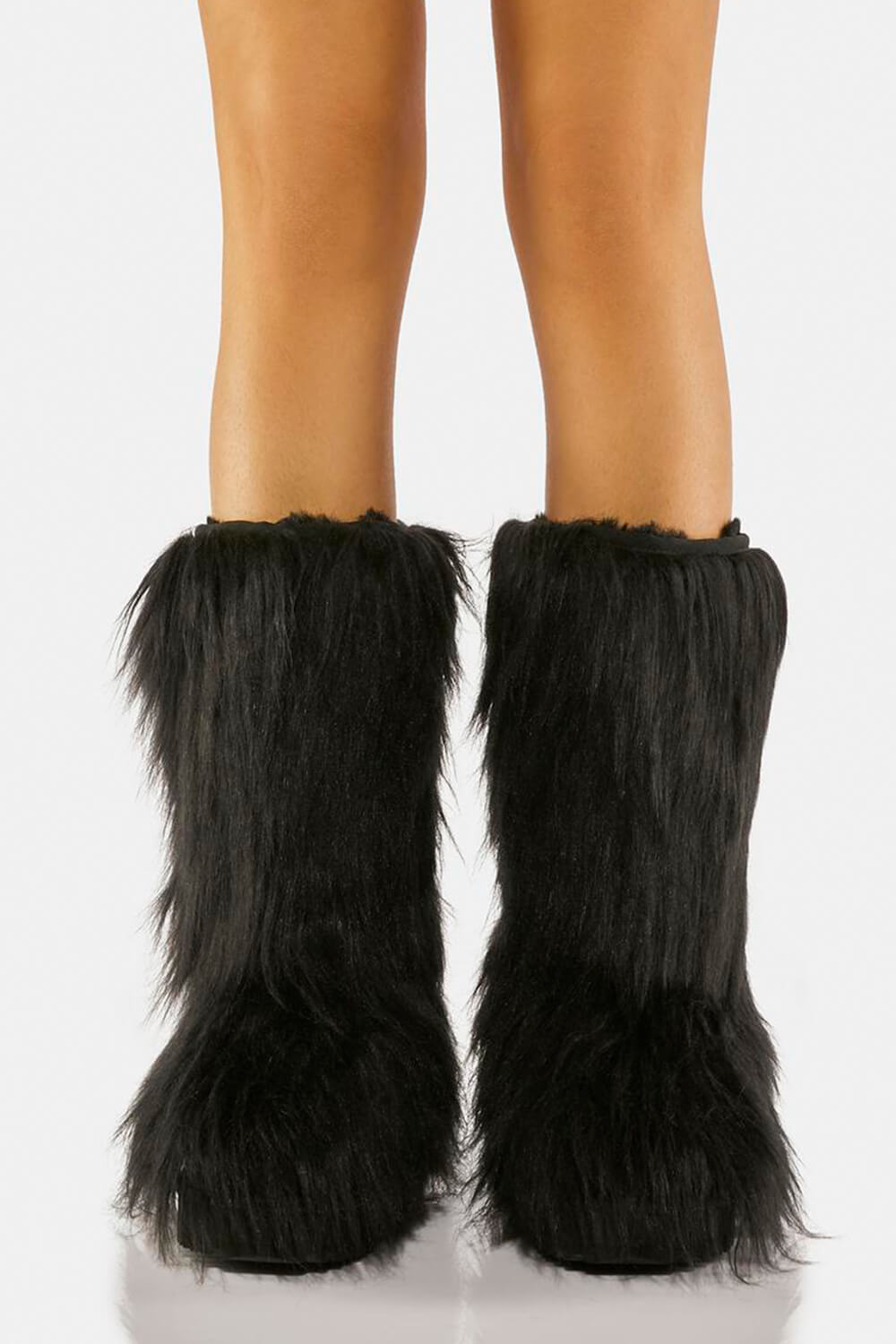 Black Furry Faux Fur Mid Calf Bootie - Black