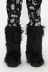 Black Furry Faux Fur Mid Calf Bootie - Black