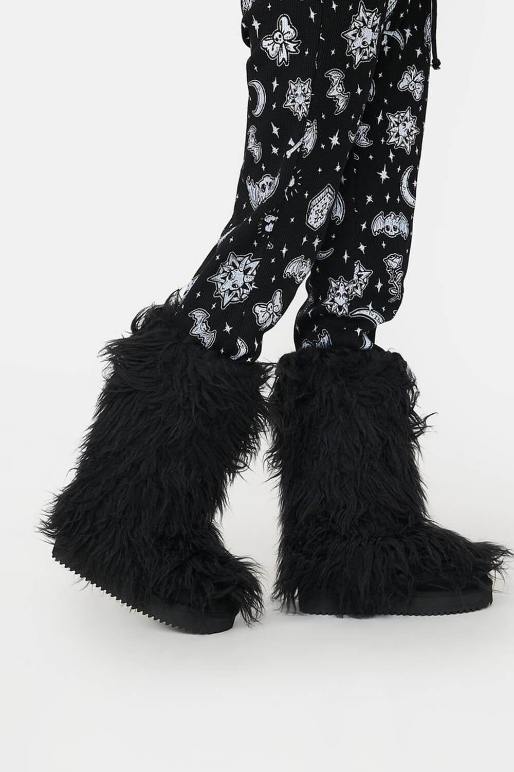 Black Furry Faux Fur Mid Calf Bootie - Black