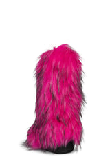 Black Furry Faux Fur Mid Calf Bootie - Fuchsia