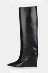 Sharp Pointed Toe Knee High Wedge Boot - Black