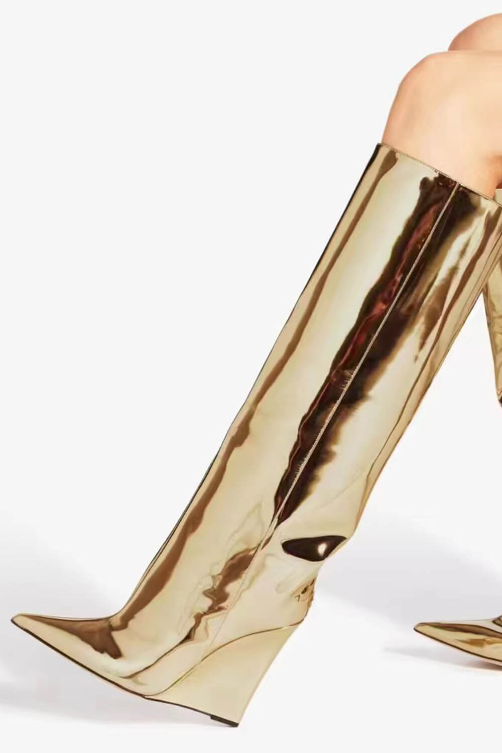 Sharp Pointed Toe Knee High Wedge Boot - Gold