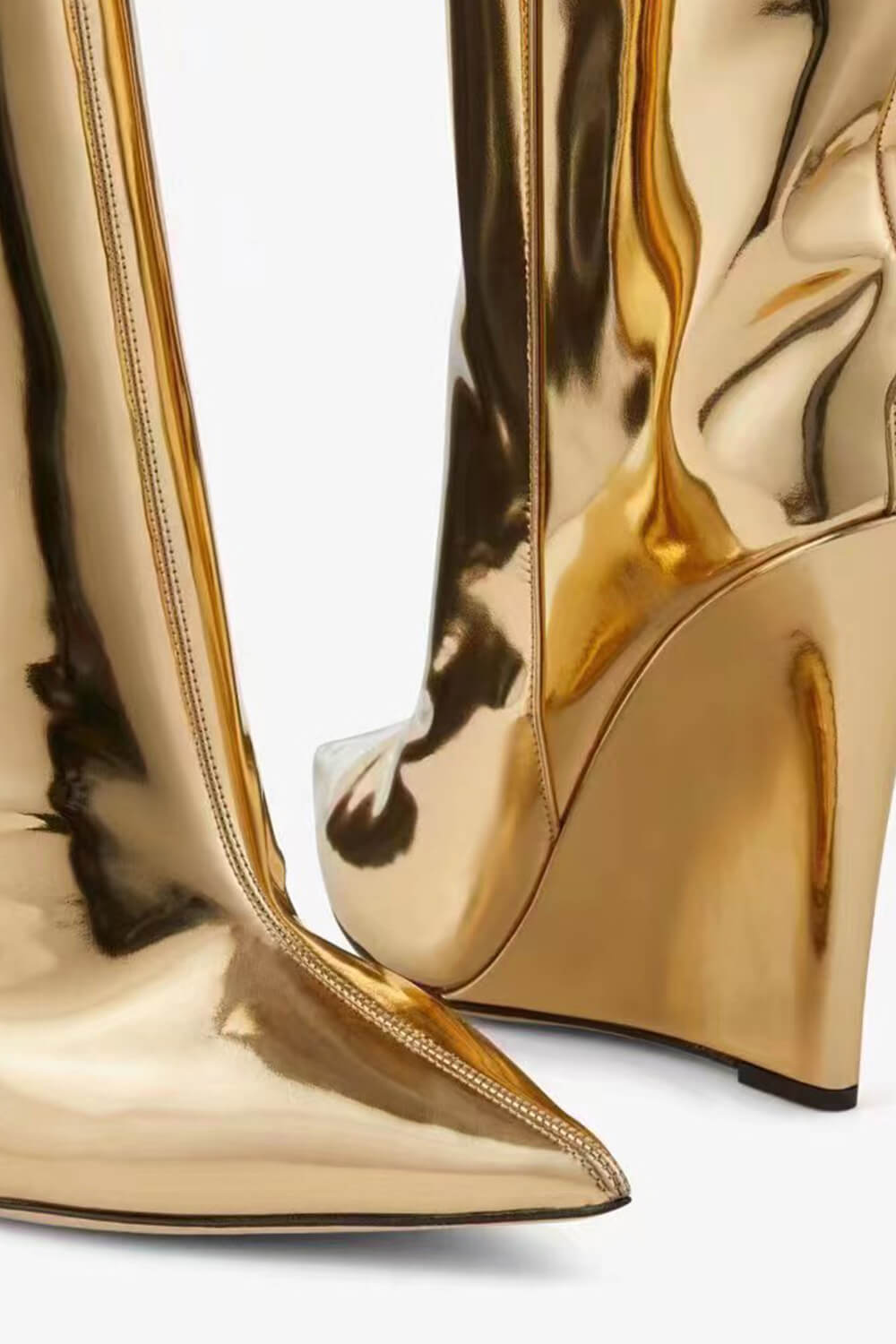 Sharp Pointed Toe Knee High Wedge Boot - Gold