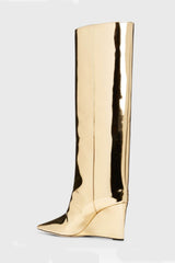 Sharp Pointed Toe Knee High Wedge Boot - Gold