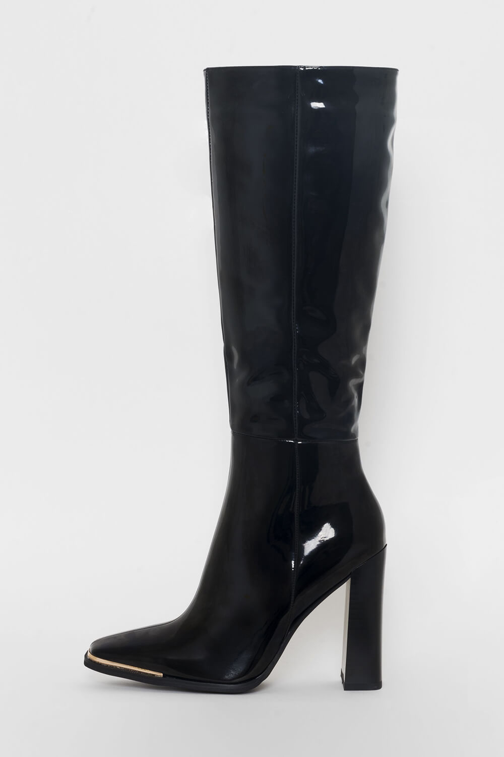 Black Patent Metal Toe Cap Knee High Heeled Boots