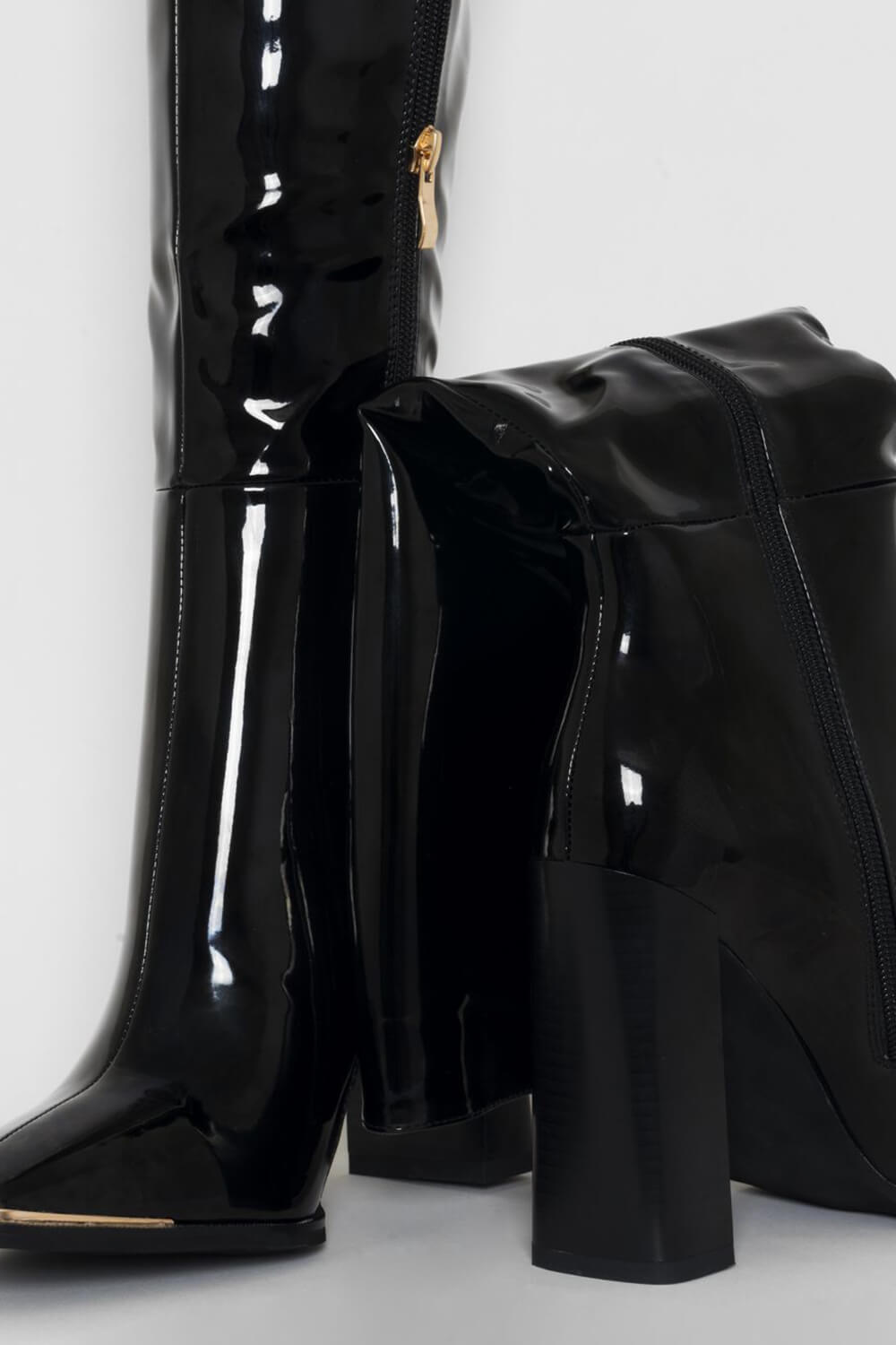 Black Patent Metal Toe Cap Knee High Heeled Boots