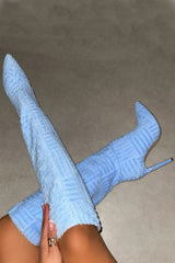 Towelling Knee High Point Toe Stiletto Boots - Light Blue