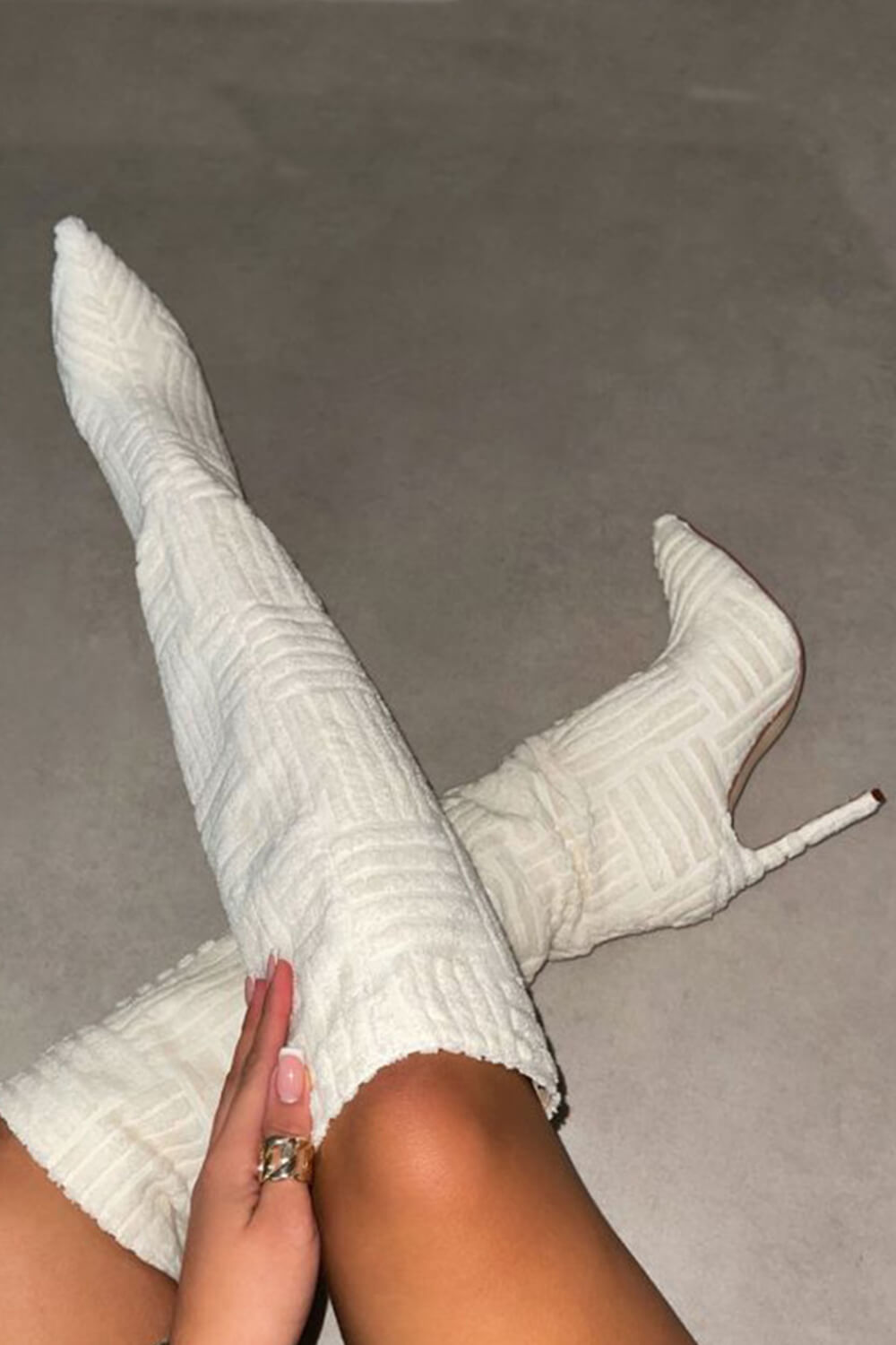 Towelling Knee High Point Toe Stiletto Boots - Beige