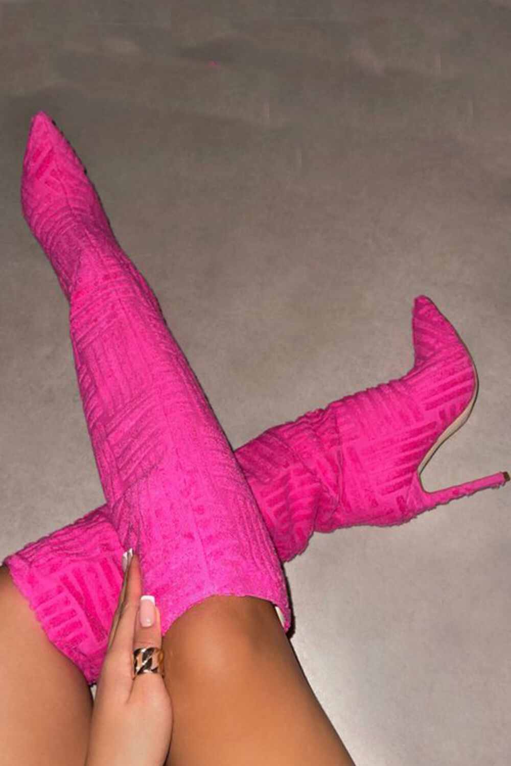 Towelling Knee High Point Toe Stiletto Boots - Hot Pink
