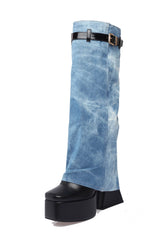 Denim Buckle Detail Fold Over Square Toe Chunky Platform Block Heel Knee High Boots