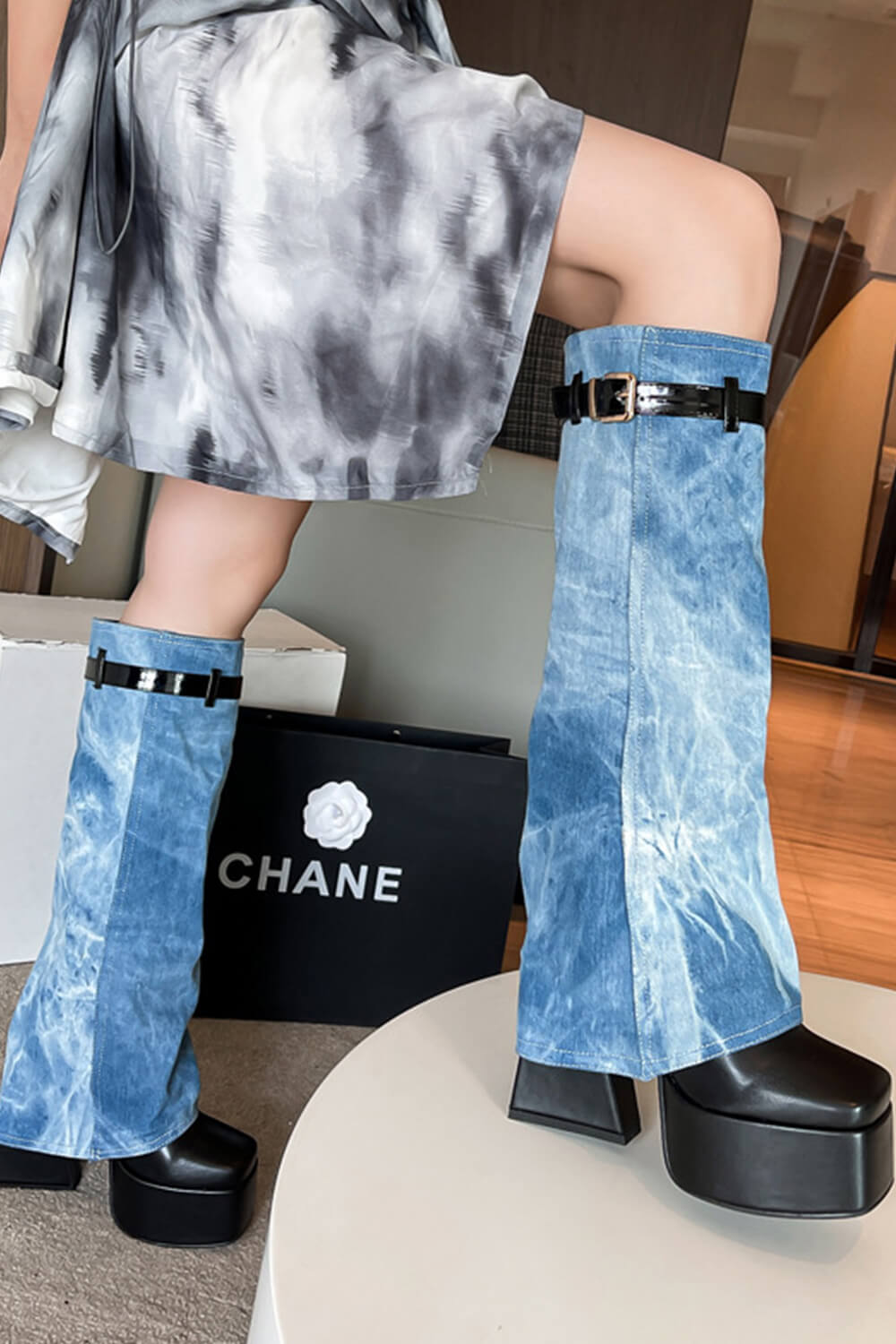 Denim Buckle Detail Fold Over Square Toe Chunky Platform Block Heel Knee High Boots