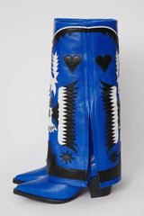Western Cowboy Fold Over Pointed Toe Knee High Block Heel Boots - Blue