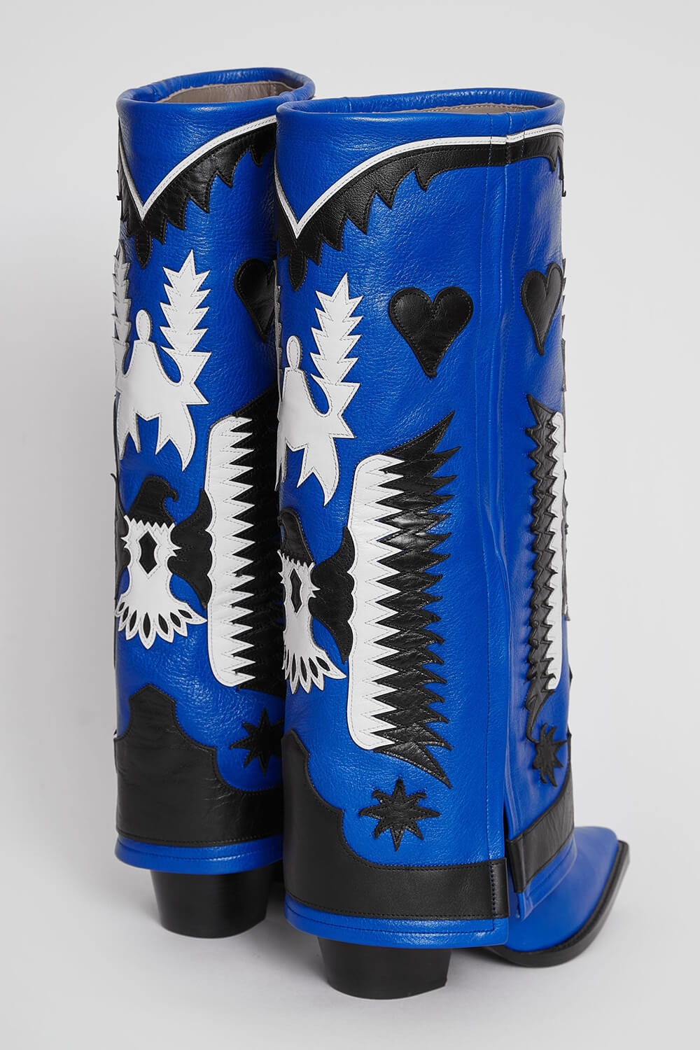 Western Cowboy Fold Over Pointed Toe Knee High Block Heel Boots - Blue