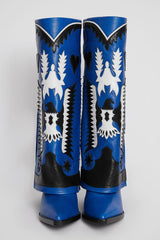 Western Cowboy Fold Over Pointed Toe Knee High Block Heel Boots - Blue