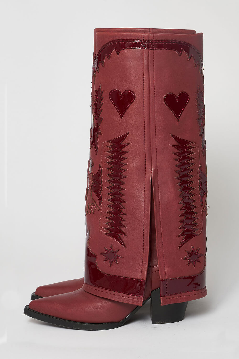 Western Cowboy Fold Over Pointed Toe Knee High Block Heel Boots - Burgundy