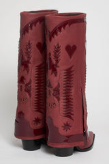 Western Cowboy Fold Over Pointed Toe Knee High Block Heel Boots - Burgundy