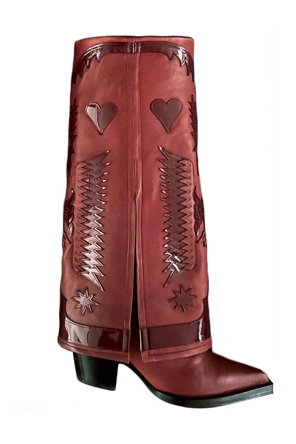 Western Cowboy Fold Over Pointed Toe Knee High Block Heel Boots - Burgundy