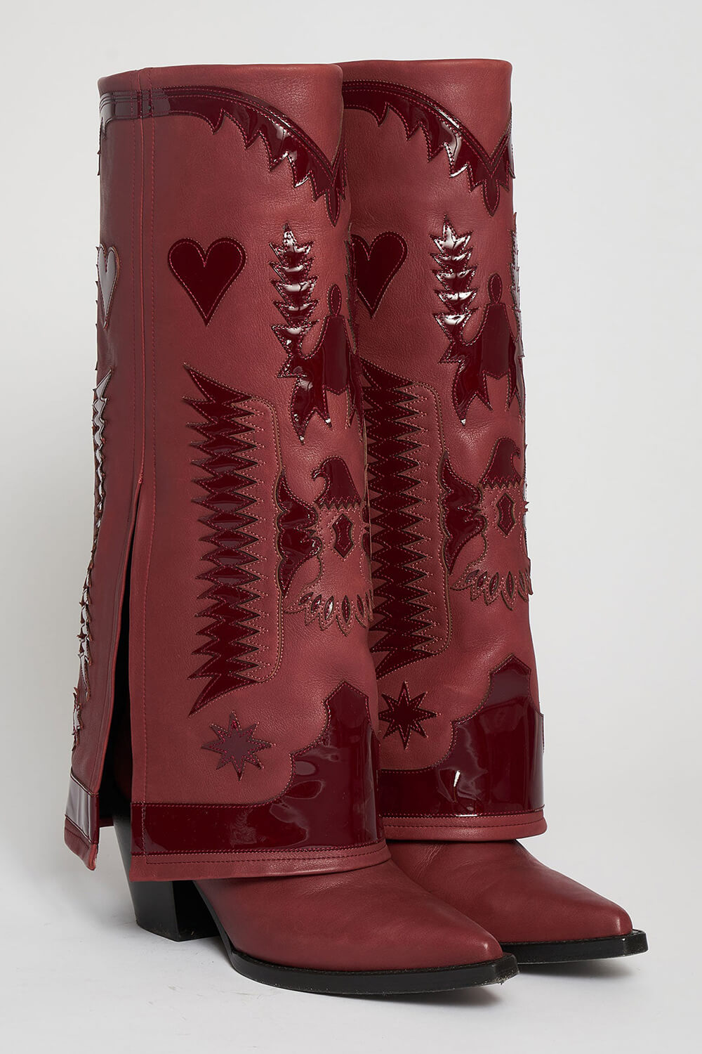 Western Cowboy Fold Over Pointed Toe Knee High Block Heel Boots - Burgundy